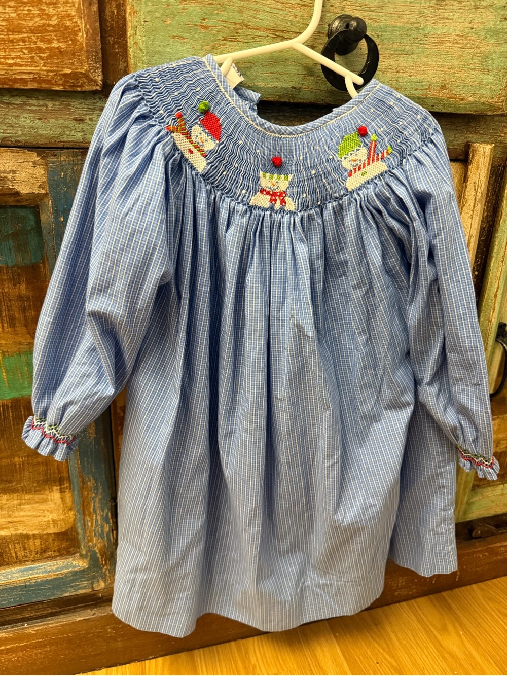 Blue Smocked Kids Dress with Embroidered Snowmen